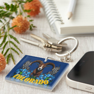 Colorado Bighorn Sheep With Blue Columbine Flowers Key Ring