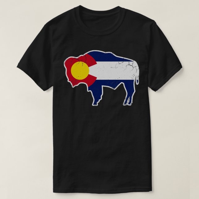Colorado Flag Buffalo Bison Art T-Shirt (Design Front)