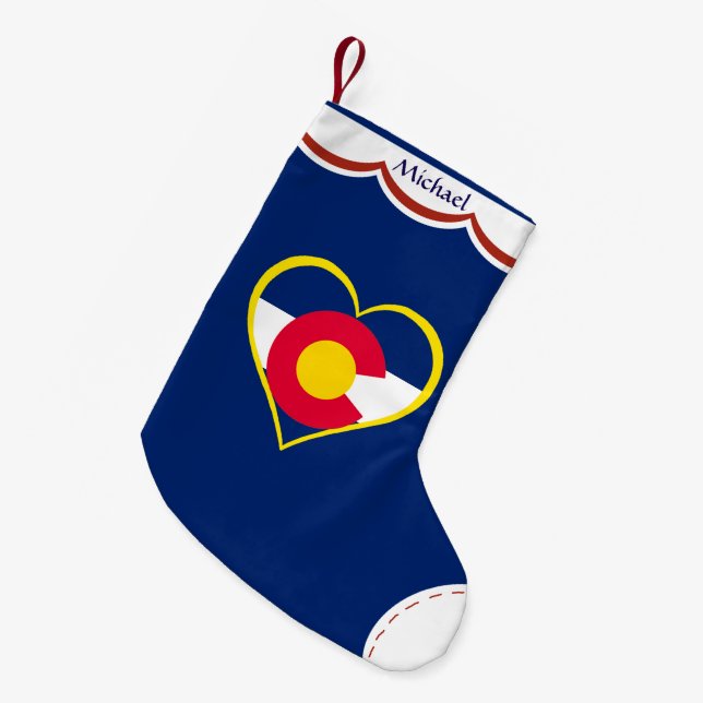 Colorado Flag Heart Personalised Blue Small Christmas Stocking (Front (Hanging))