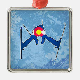 Colorado flag skier winter square ornament