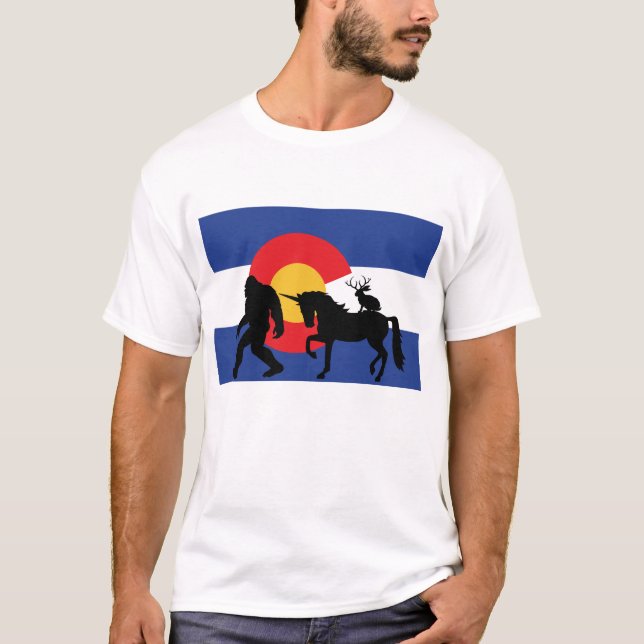 Colorado Flag with Bigfoot, Unicorn and Jackalope T-Shirt (Front)