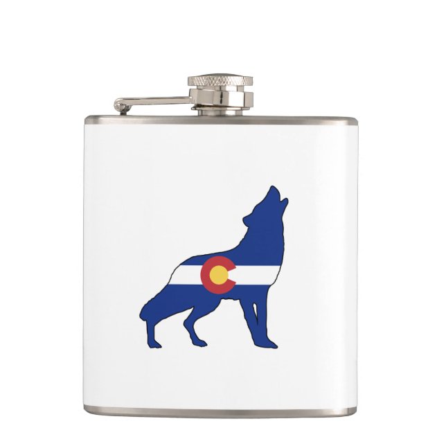 Colorado Flag Wolf Hip Flask (Front)
