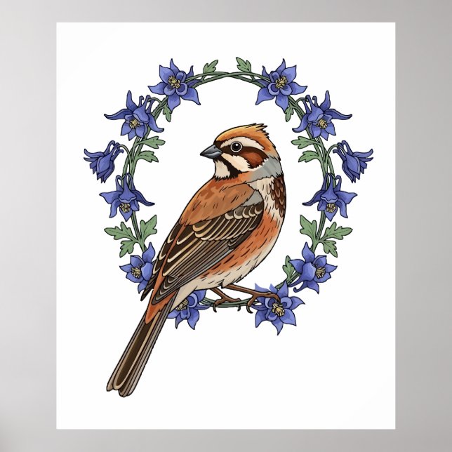 Colorado Lark Bunting Bird Surrounded By Columbine Poster (Front)
