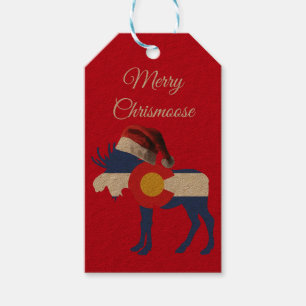 Colorado Moose wearing a Santa Claus Hat Gift Tags