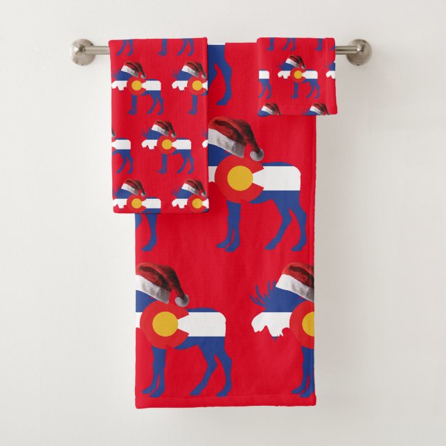 Colorado Moose with Santa Claus Hat Bath Towel Set (Insitu)