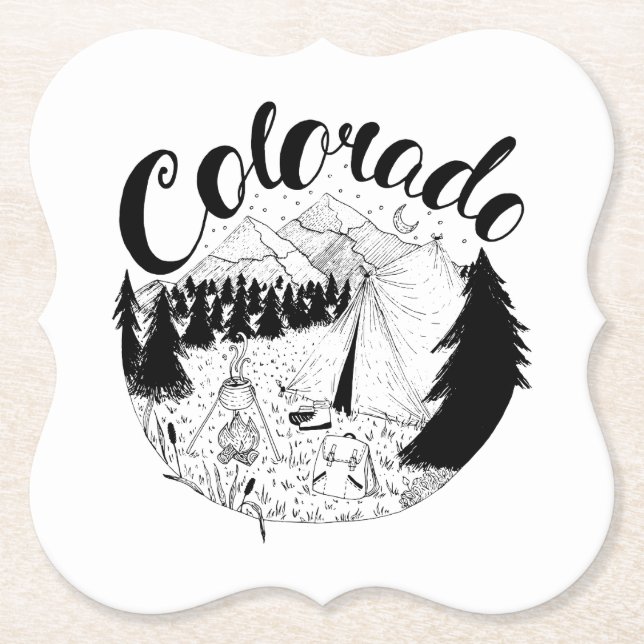 Colorado Mountain Camper Ink Drawing Paper Coaster (Front)