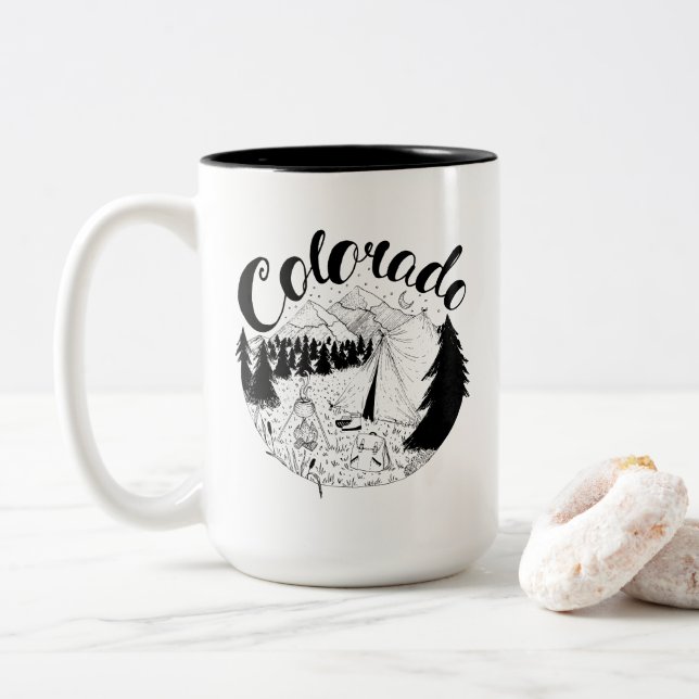 Colorado Mountains Ink Drawing Two-Tone Coffee Mug (With Donut)