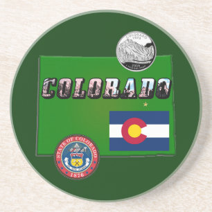 Colorado Picture Text, Flag, Seal, Quarter, Map Coaster