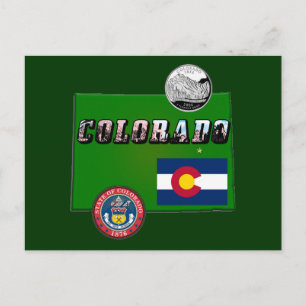 Colorado Picture Text, Flag, Seal, Quarter, Map Postcard