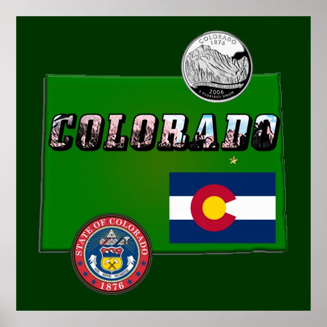 Colorado Picture Text, Flag, Seal, Quarter, Map Poster (Front)