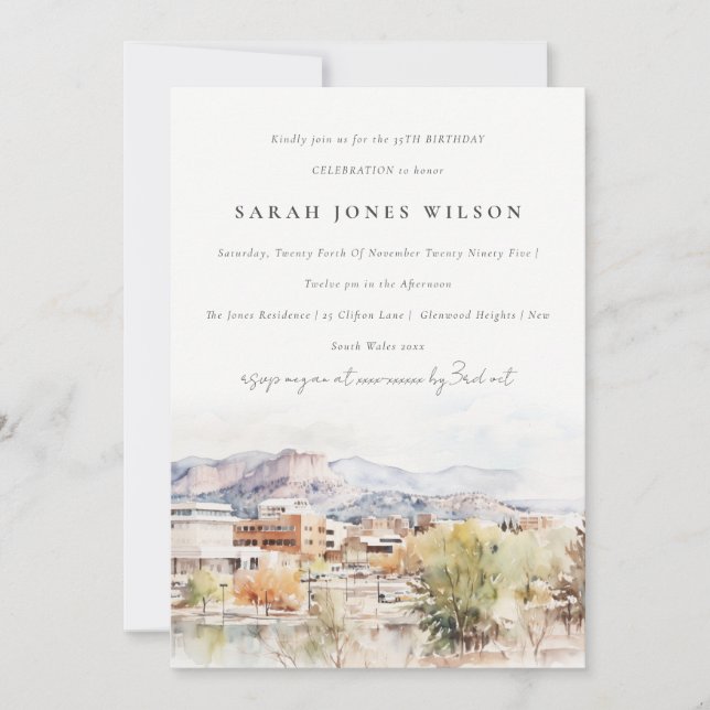 Colorado Springs, Colorado Watercolor Birthday Invitation (Front)