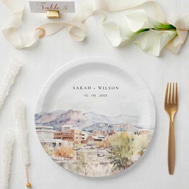 Colorado Springs, Colorado Watercolor Wedding Paper Plate (Wedding)