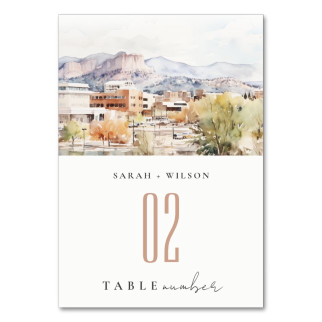 Colorado Springs, Colorado Watercolor Wedding Table Number (Front)