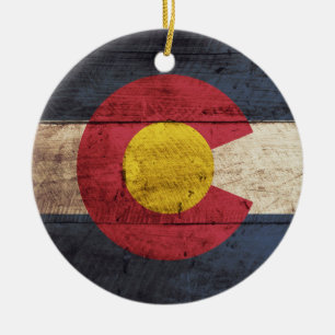 Colorado State Flag on Old Wood Grain Ceramic Ornament