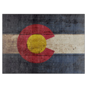 Colorado State Flag on Old Wood Grain Cutting Board