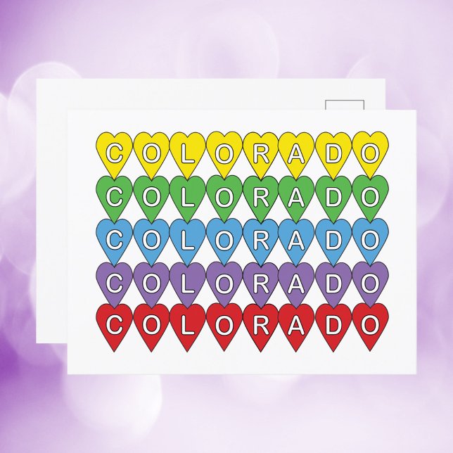 Colorado US Hearts Colourful Postcard (A postcard with the US state of Colorado in yellow, green, blue, purple and red hearts)