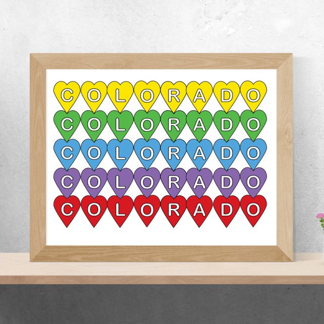 Colorado US State Hearts Colourful Poster (A poster of colorful hearts with the word Colorado inside.)
