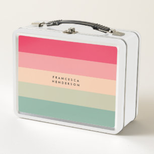 Colorblock Horizontal Stripe Pink & Green Monogram Metal Lunch Box
