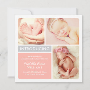 Colorblock Photo Collage Blush Baby Girl Birth Announcement