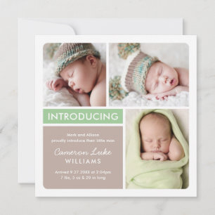 Colorblock Photo Collage Green Baby Birth Announcement
