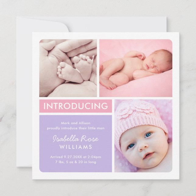 Colorblock Photo Collage Purple Baby Girl Birth Announcement (Front)