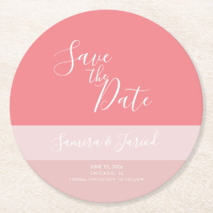 Colorblock Three Tone Pink  Save the Dates  Round Paper Coaster