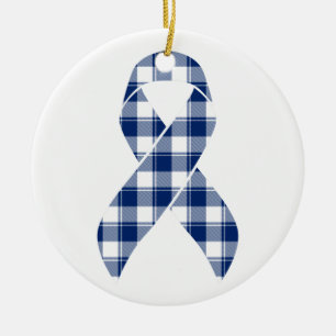 Colorectal Cancer Awareness Plaid Dark Blue Ribbon Ceramic Ornament