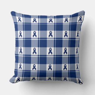 Colorectal Cancer Awareness Plaid Dark Blue Ribbon Cushion