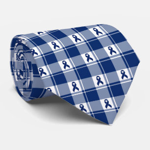 Colorectal Cancer Awareness Plaid Dark Blue Ribbon Tie