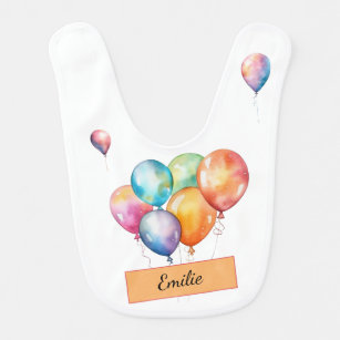 Colored balloons carry name tag in the air bib