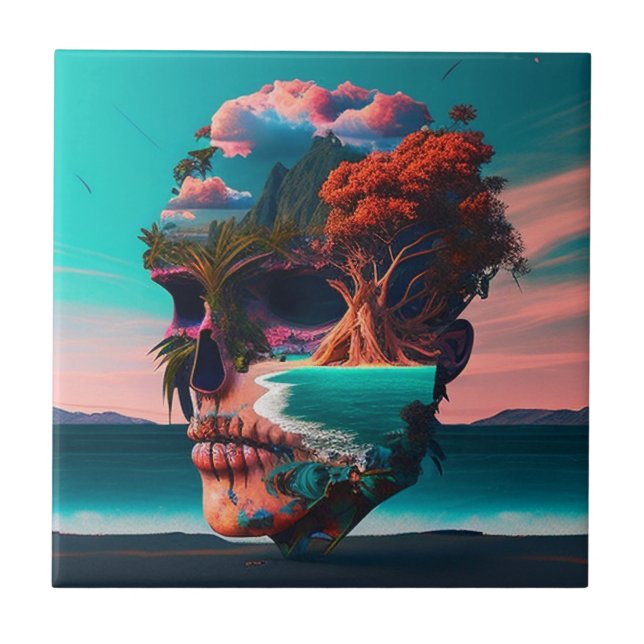 Colored Skull Head Ceramic Tile (Front)
