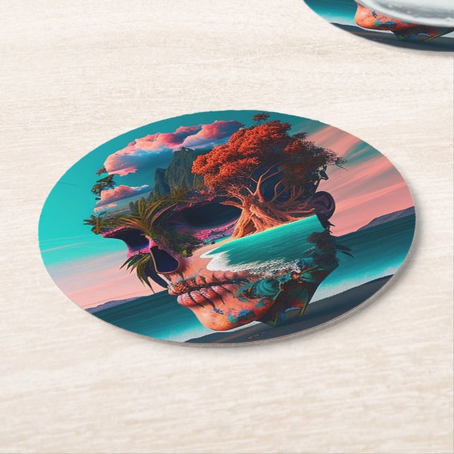 Colored skull head round paper coaster (Angled)