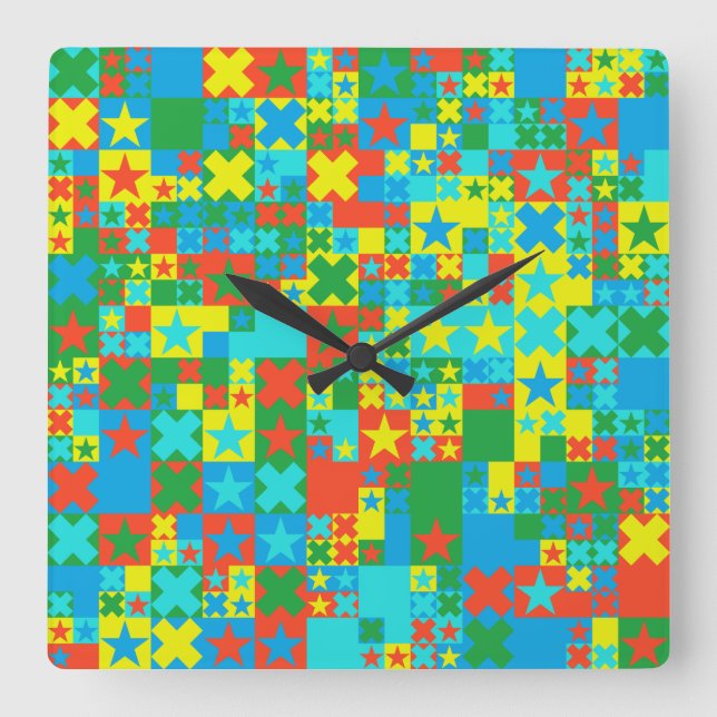 Colored stars and crosses square wall clock (Front)