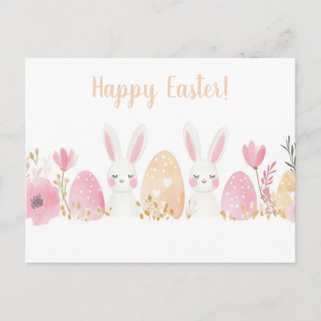 Colored watercolor Postcard with Easter Bunny (Front)