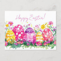 Colored watercolor postcard with Easter eggs