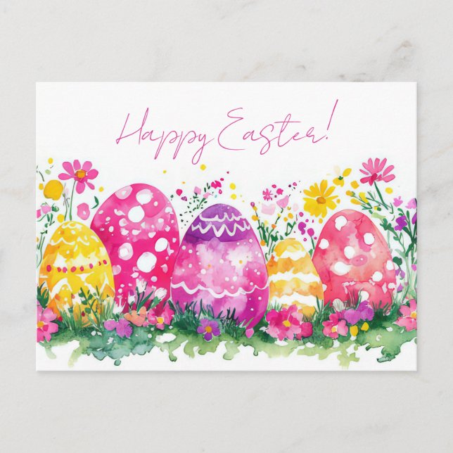 Colored watercolor postcard with Easter eggs (Front)