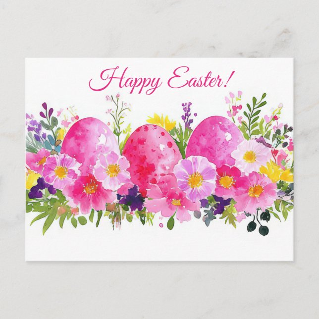 Colored watercolor postcard with Easter eggs (Front)