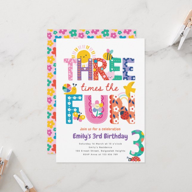 Colorful 3rd Birthday Invite, Three Times the Fun Invitation (Front/Back In Situ)
