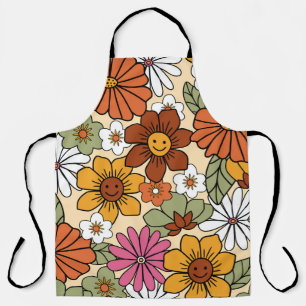 Colorful 70s style retro floral pattern. Vintage b Apron