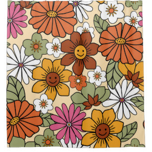 Colorful 70s style retro floral pattern. Vintage b Shower Curtain