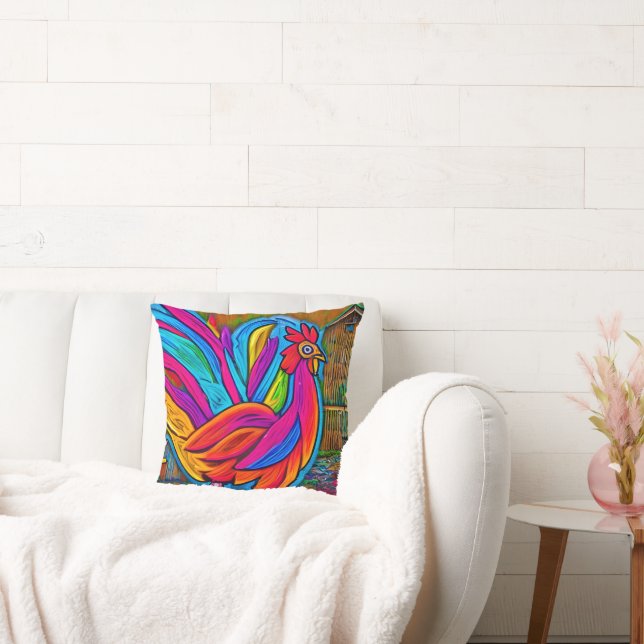 Colorful Abstract Cartoon Barn Rooster Cushion (Couch)