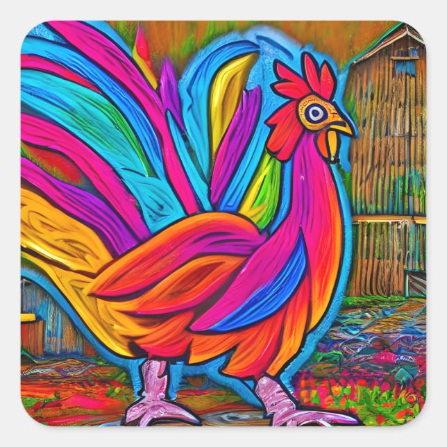 Colorful Abstract Cartoon Barn Rooster Square Sticker (Front)