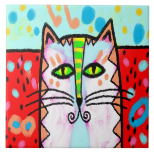 Colorful Abstract Cat Art Ceramic Tile