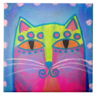 Colorful Abstract Cat Painting Ceramic Tile