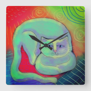 Colorful Abstract Cat Painting Round Clock