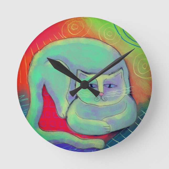 Colorful Abstract Cat Painting Round Clock (Front)
