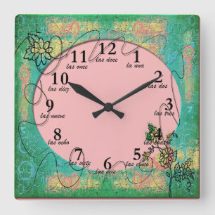 Colorful Abstract Design Green -Numbers in Spanish Square Wall Clock
