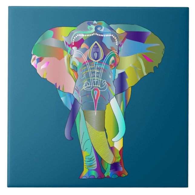 Colorful abstract elephant ceramic tile (Front)