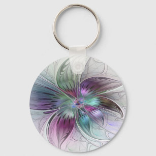 Colorful Abstract Flower Modern Floral Fractal Art Key Ring
