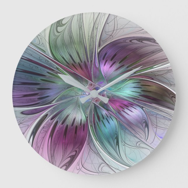 Colorful Abstract Flower Modern Floral Fractal Art Large Clock (Front)